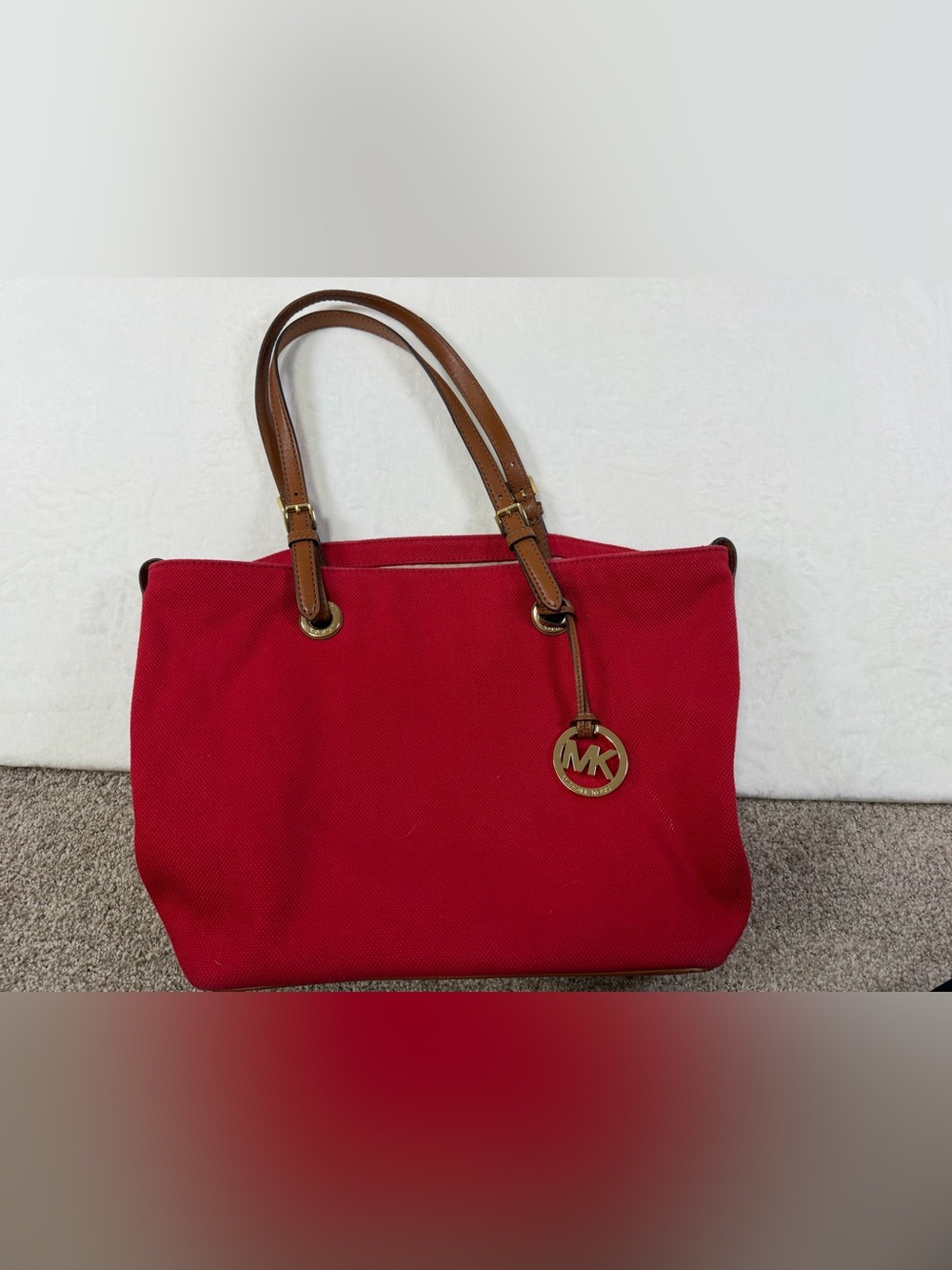 Michael Kors Red Tote with Brown Leather Handles and Gold MK Charm